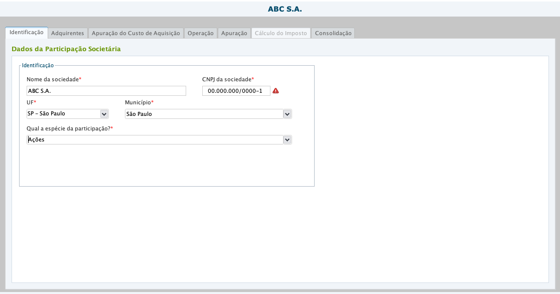 Formulário de identificação da participação societária com dados da empresa ABC S.A.